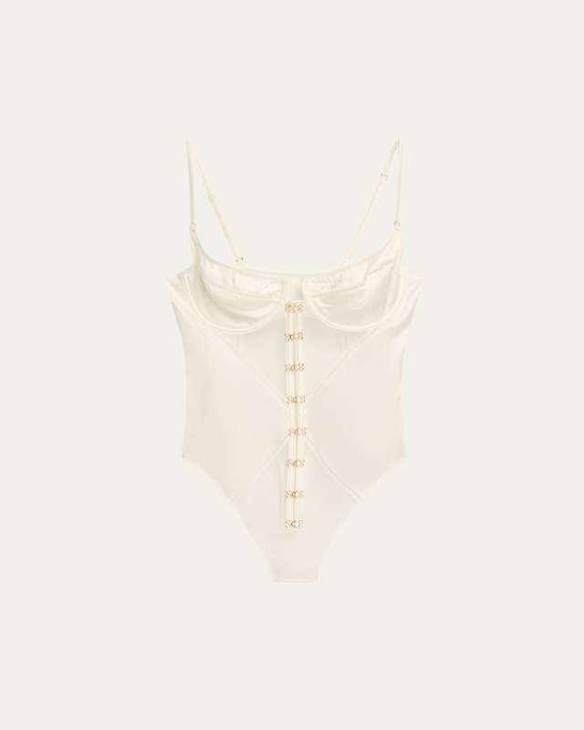 Temptress Silk Charmeuse & Tulle Thong Bodysuit